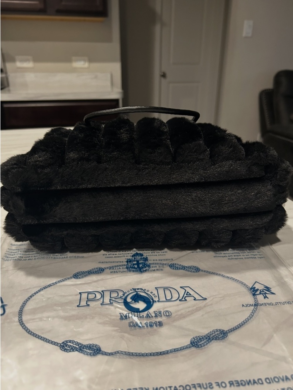 Prada VIP GWP Black Faux Fur Vertical-Rib Tote with Logo Plaque - Picture 4 of 8